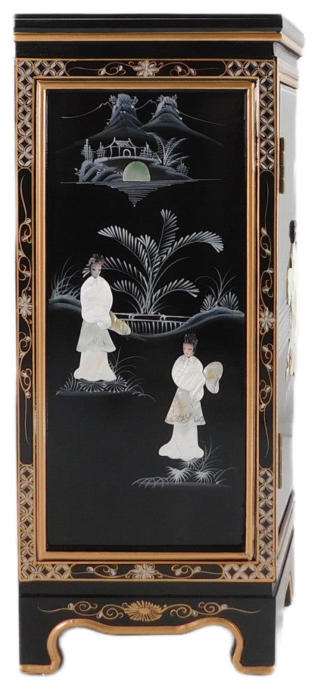 Oriental Slant Front Cabinet With Mother of Pearl, Hand Painted Black With Mother of Pearl