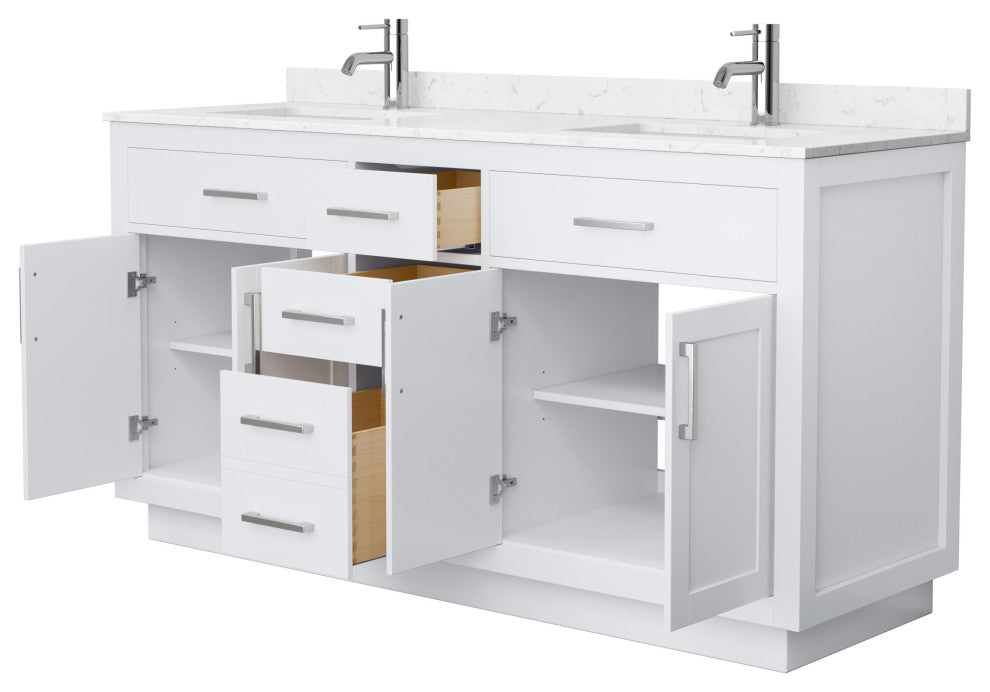 Beckett TK 66" Double Vanity, Cultured Top, Nickel Trim