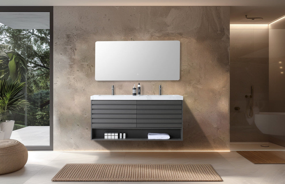 Matera Wall Mount Modern Bathroom Vanity, Charcoal, 60", White Countertop