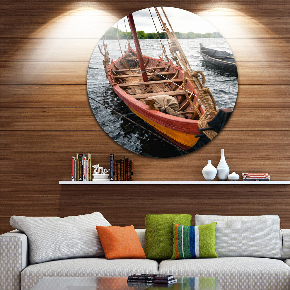 Vintage Wooden Boat, Seashore Large Disc Metal Wall Art, 36"