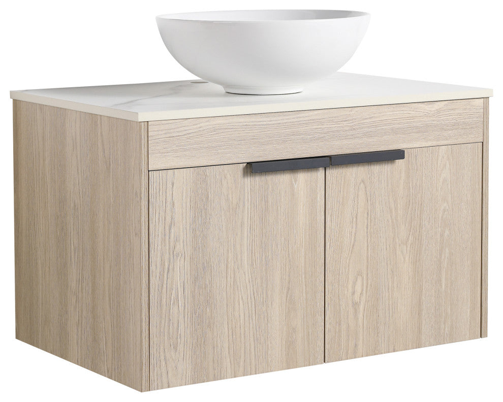 Wall-Mounted Bath Vanity, White Oak, White Ceramic Vessel Sink