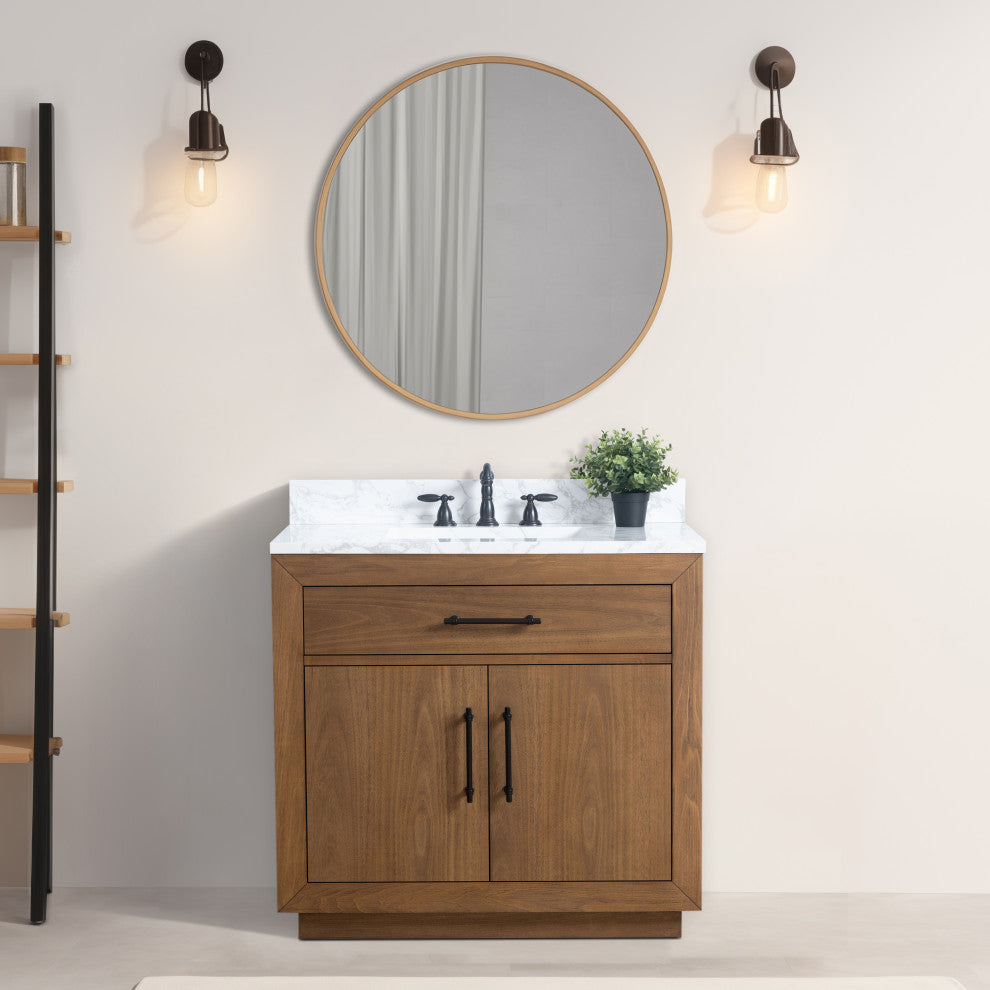 Vanity Art Bathroom Vanity With Sink, Tan, 36" Single, Arabescato White Engineered Marble Top