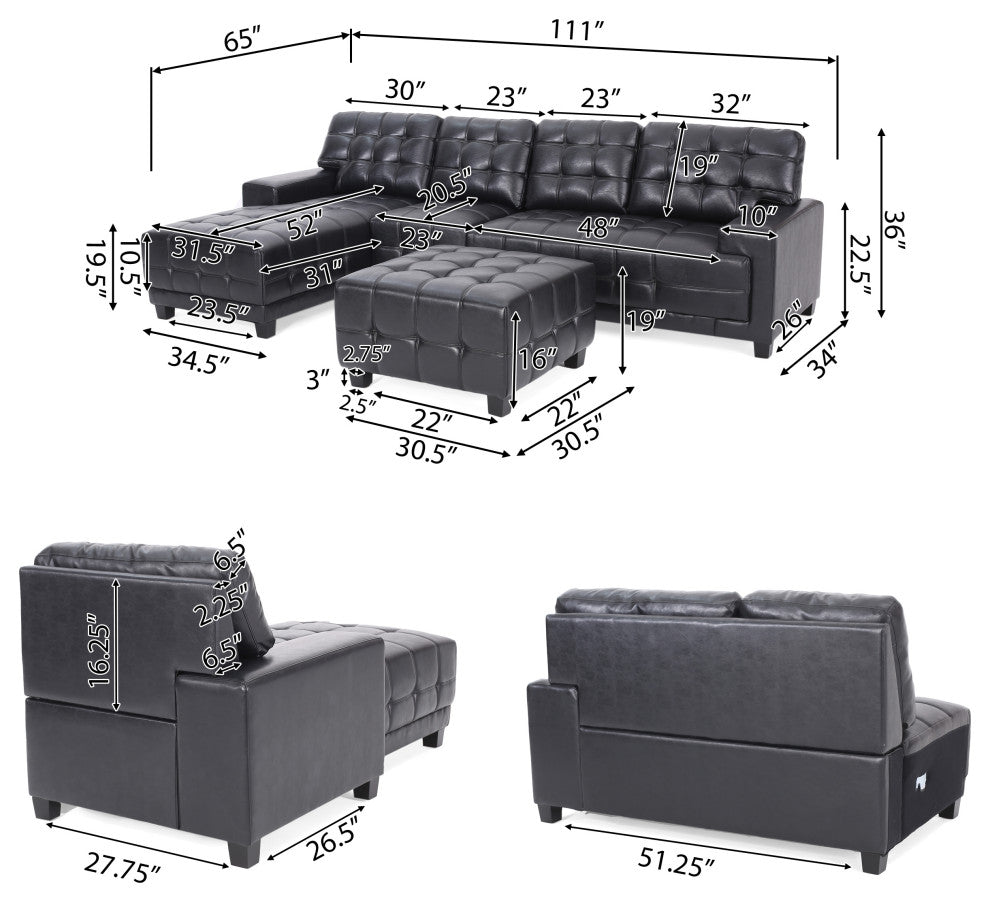 Littell Faux Leather 4 Seater Sofa, Chaise Sectional, Ottoman, Midnight + Dark B
