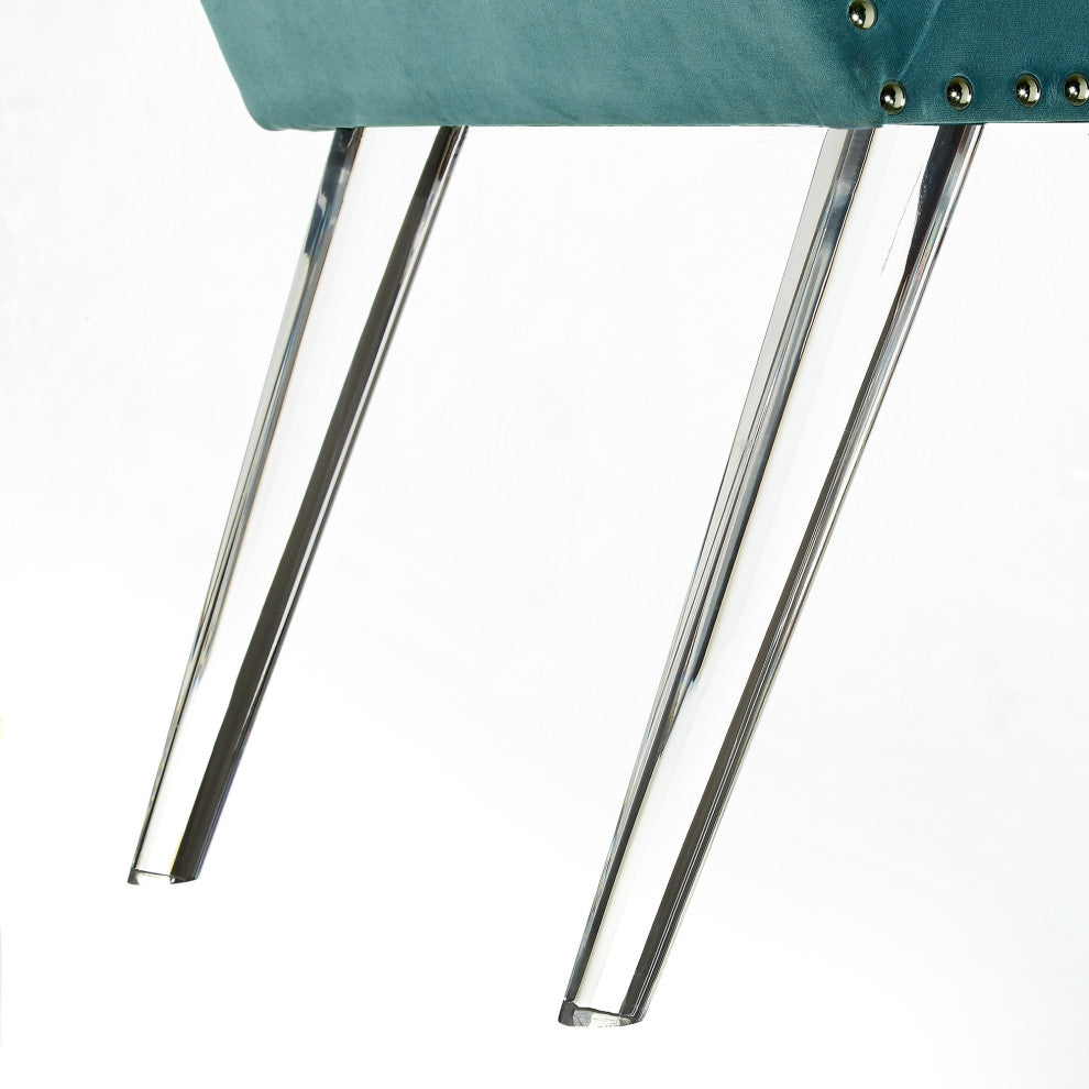 Minelly Velvet Modern Contemporary Nailhead Trim Acrylic Legs Bench, Slate Blue