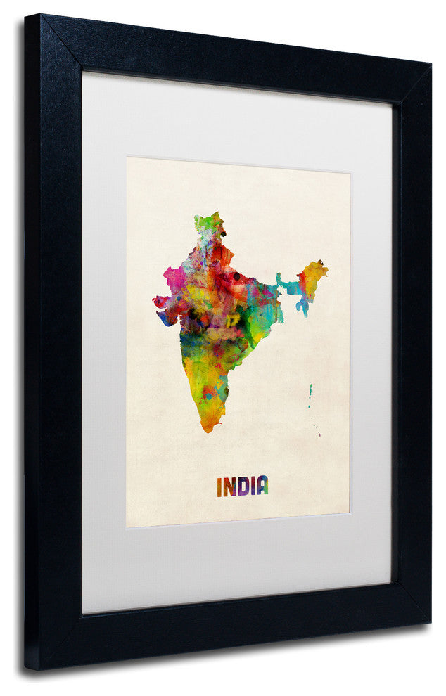 "India Watercolor Map" Matted Framed Canvas Art by Michael Tompsett