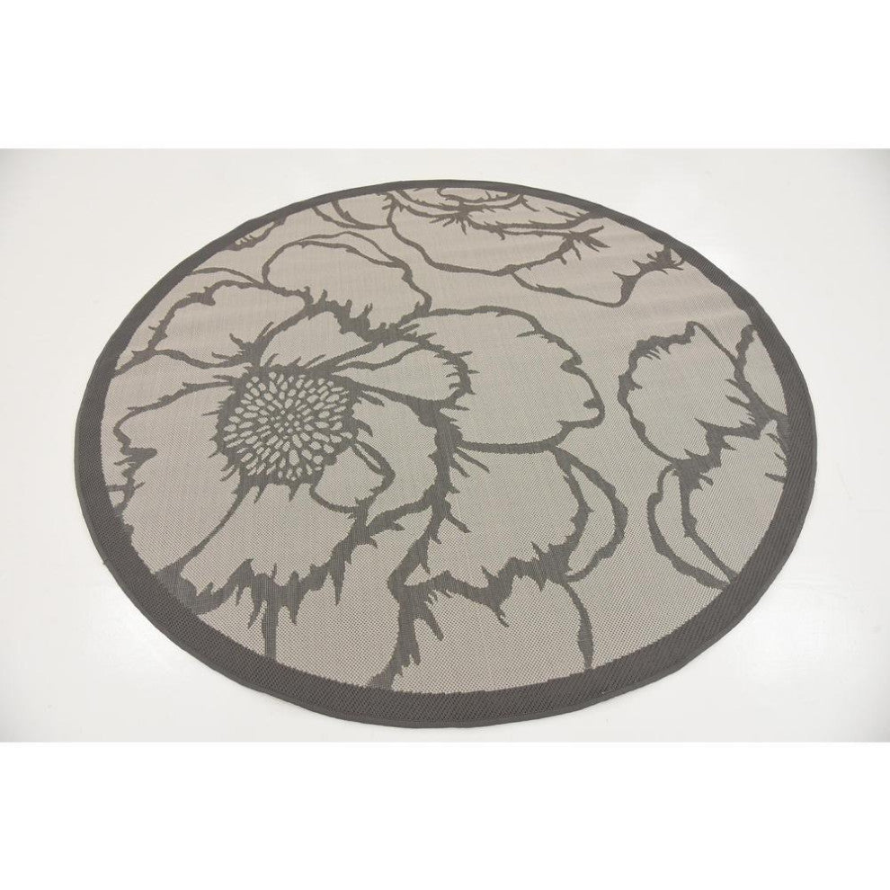 Rug Unique Loom Outdoor Botanical Gray Round 6' 0 x 6' 0