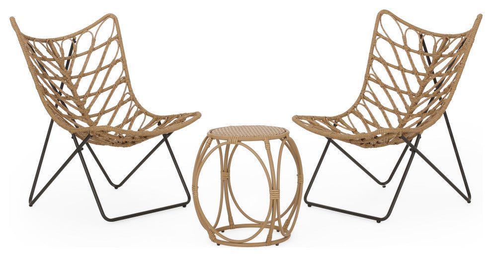 Danbury Outdoor Boho Modern Wicker 3-Piece Chat Set, Light Brown/Black