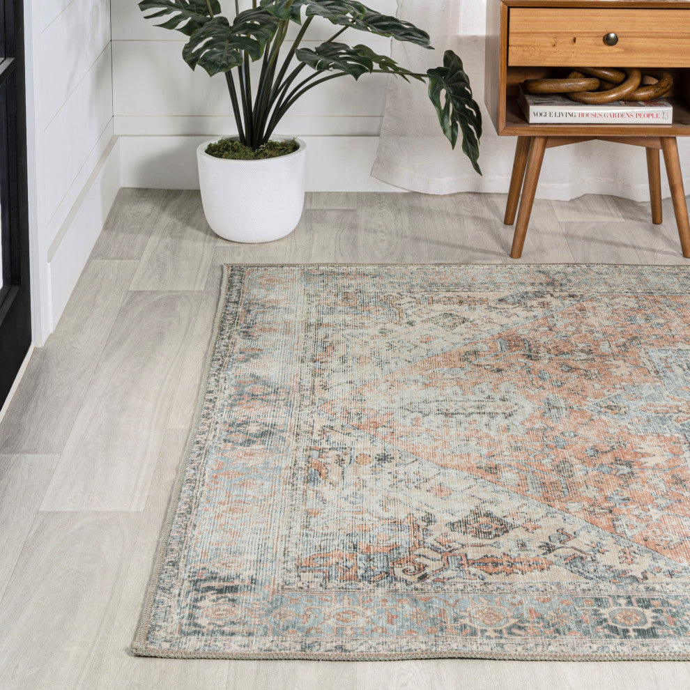 Armae Distressed Chenille Machine-Washable Rug, Terra/Blue, 5 X 8