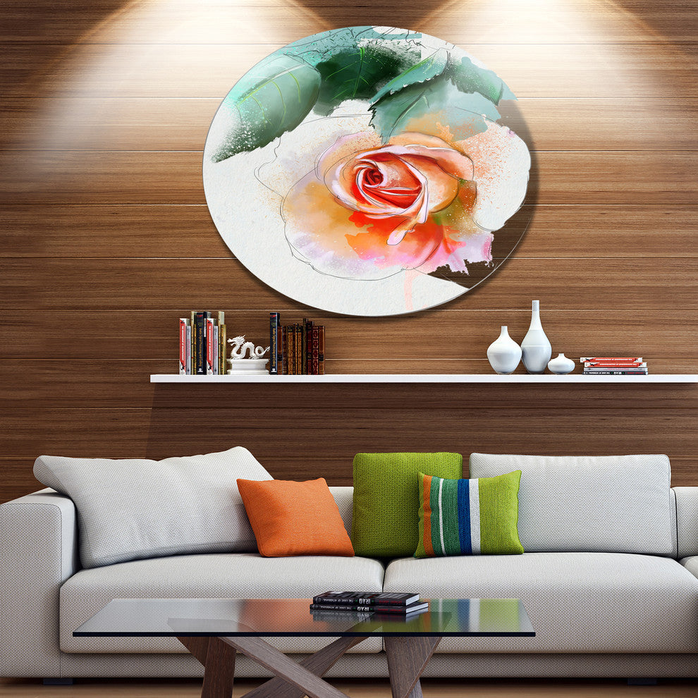 Beautiful Red Rose With Leaves, Floral Wall Round Metal Wall Art, 11"