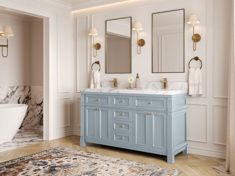 Paris 60" Double Sink Bathroom Vanity, Blue Heather 2" White Quartz