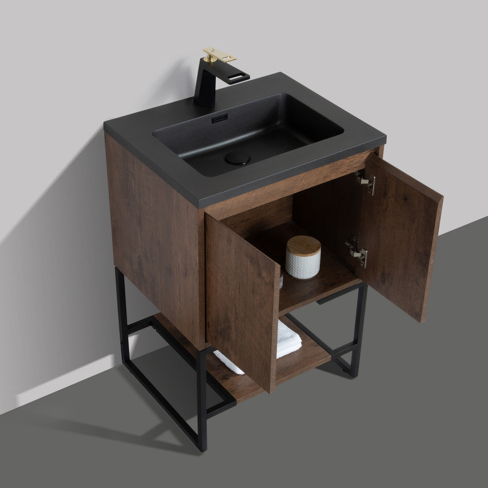 Freestanding Bath Vanity Set, Rose Wood, Integrated Solid Surface Sink, 24"