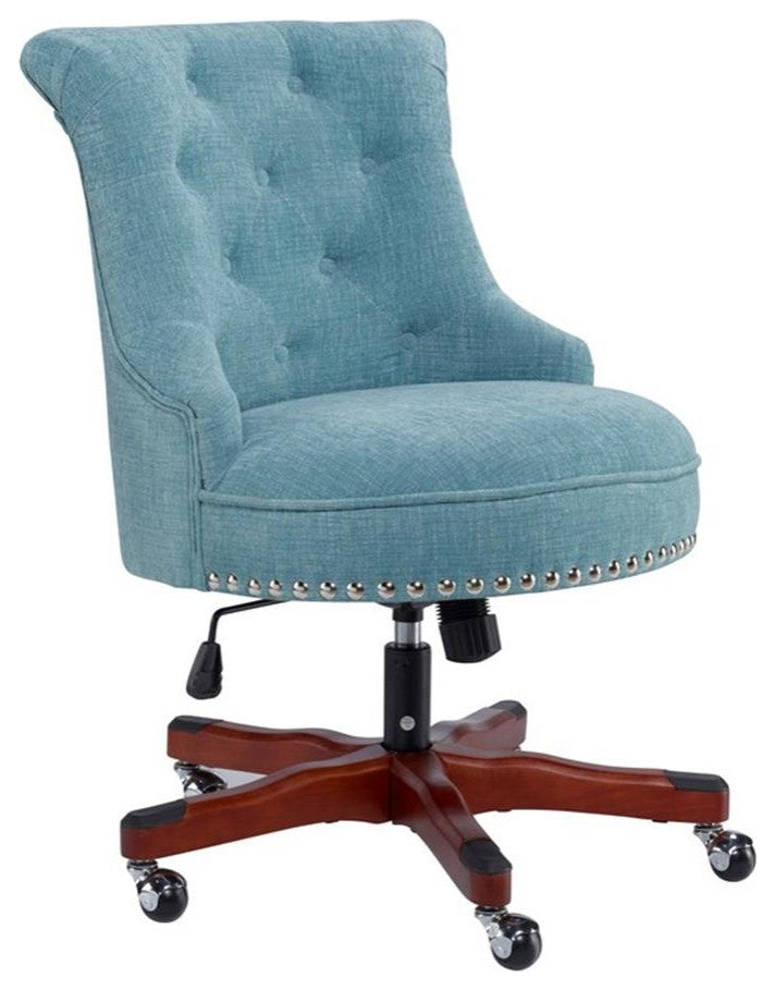 Linon Sinclair Upholstered Office Chair Wood Base with Wheels in Aqua Blue