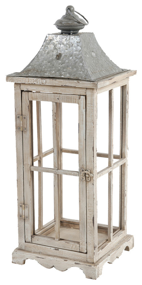 Benzara Wood & Metal Lanterns With Window Pane Design, White, 2-Piece Set