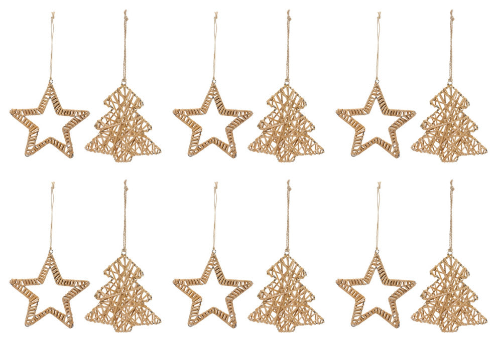 Woven Rattan Star and Tree Ornament, 12-Piece Set