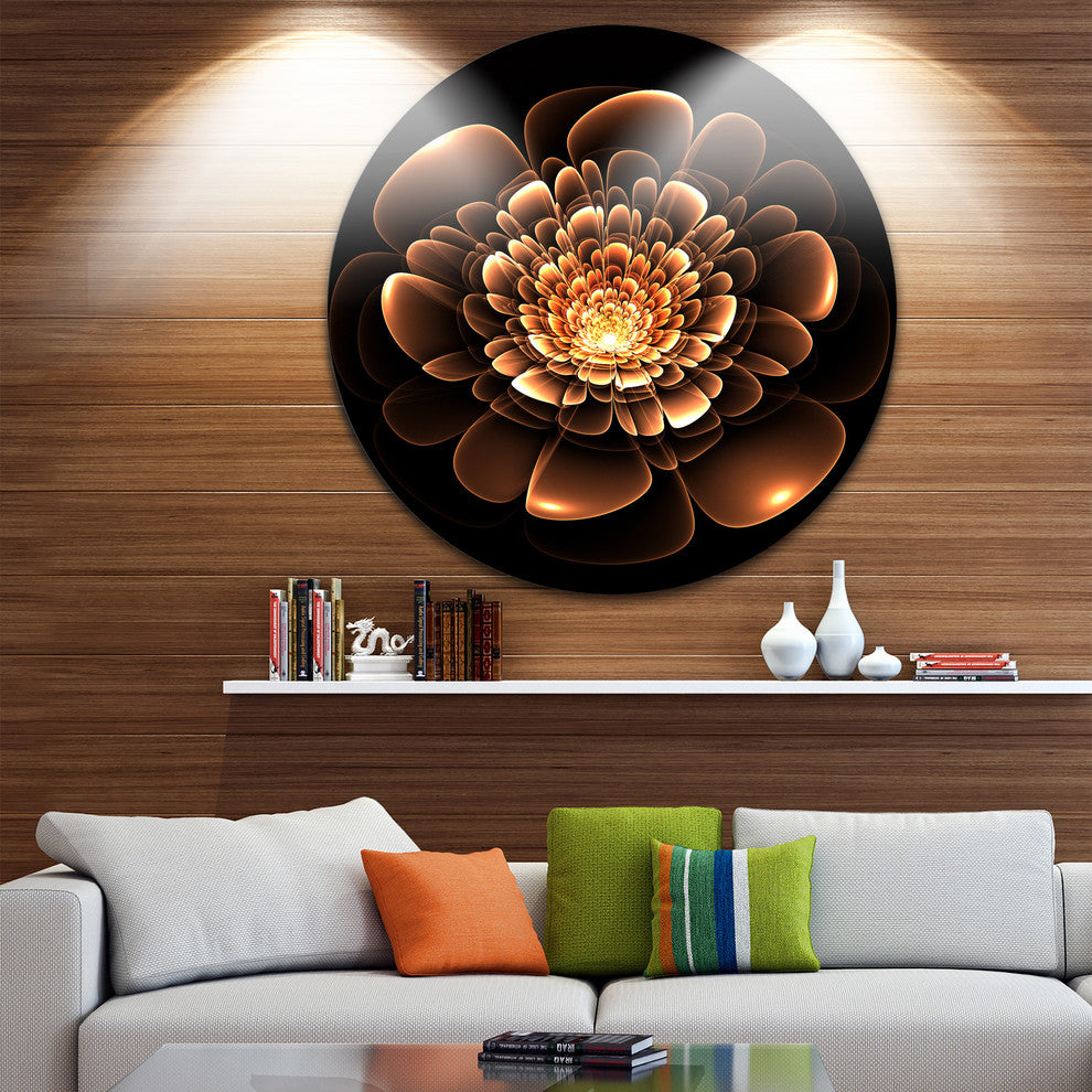 Glittering Brown Yellow Fractal Flower, Floral Disc Metal Wall Art, 11"