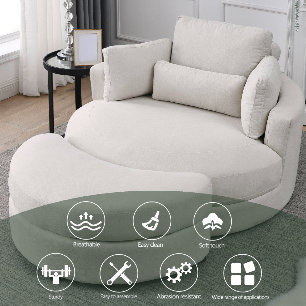 TATEUS  Swivel Barrel Sofa Chair Soft Fabric with High-Density Foam and Pillows, Beige