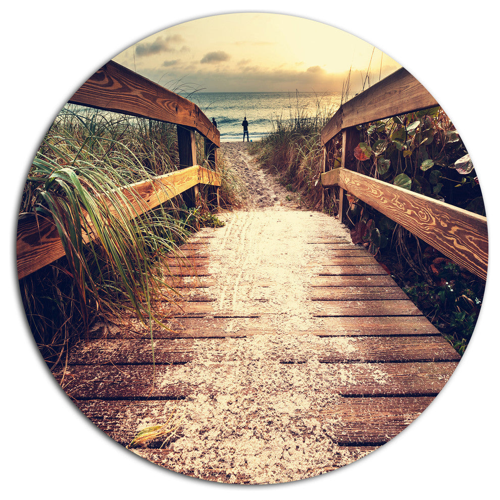 Vintage Wooden Bridge To Seashore, Seashore Round Metal Wall Art, 11"