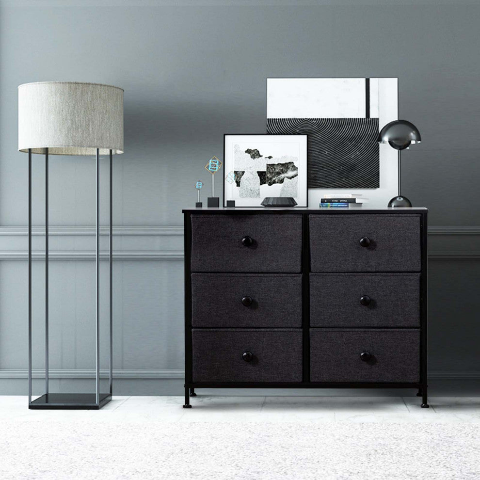 6 Fabric Drawers Steel Frame Double Dresser, Black