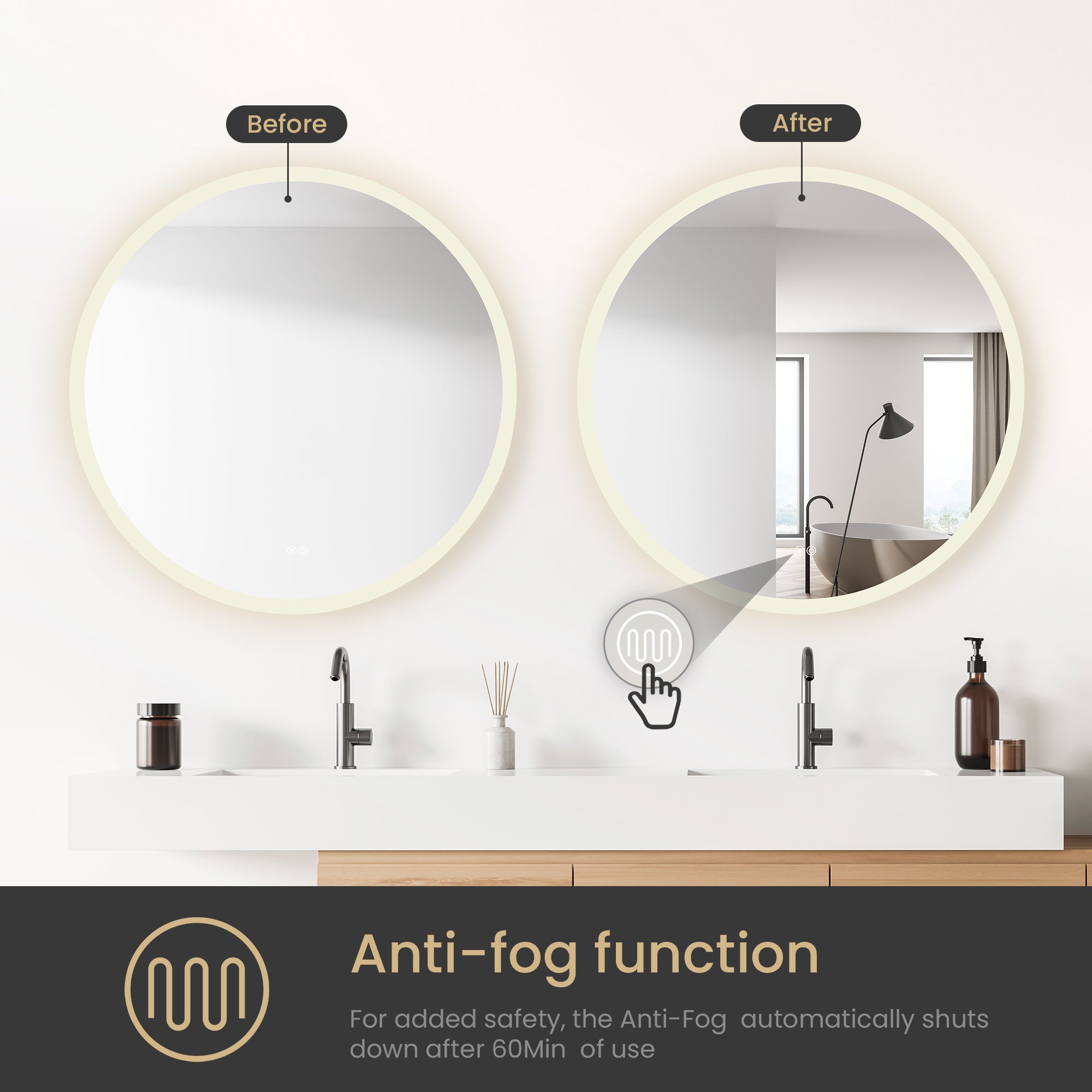 Moscow Circular Frameless LED Wall Bath Vanity Mirror, Acrylic, 36"w X 36"h