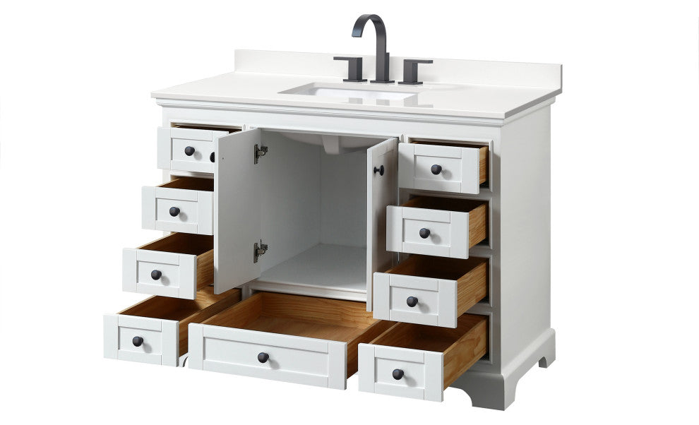 Deborah 48" White Single Vanity, White Quartz Top, 3-Hole, Black Trim