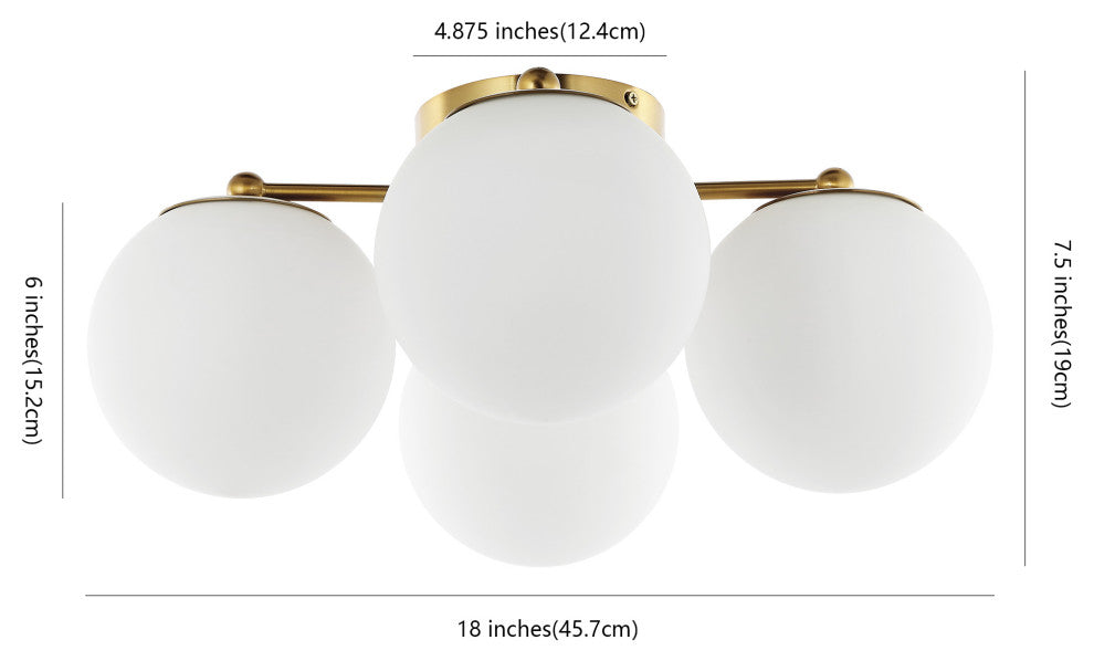 Orly 18" 4-Light Bohemian Farmhouse LED Semi Flush Mount, Brass Gold/White