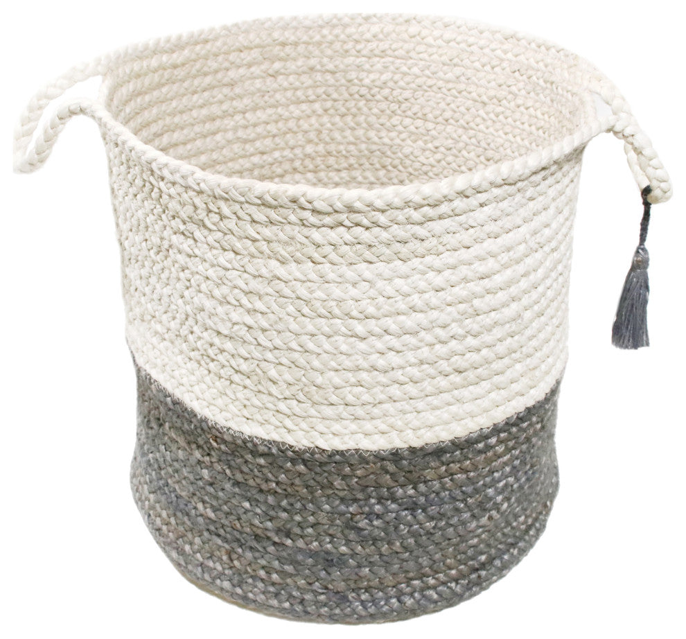 Two-Tone Off-White Jute Decorative Basket With Handles, Frost Gray, 17"
