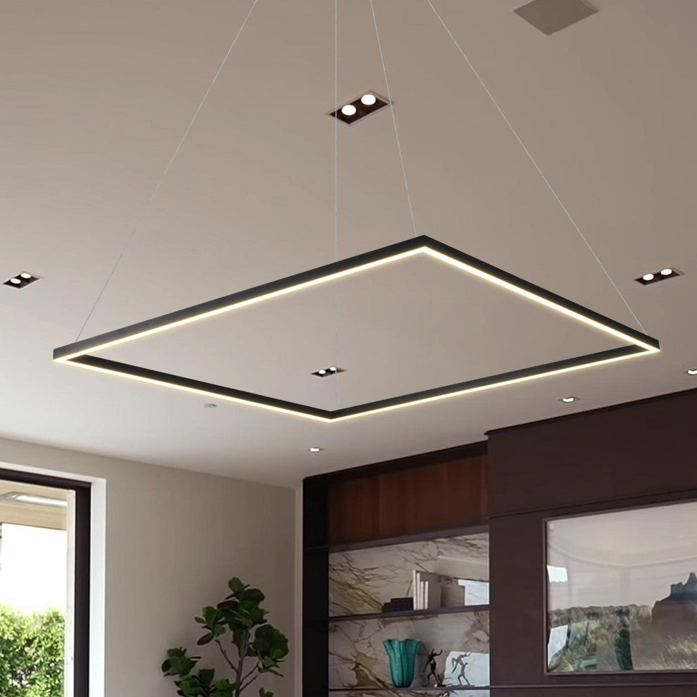 39" Atria LED Square Chandelier, Adjustable Suspension Fixture, Black