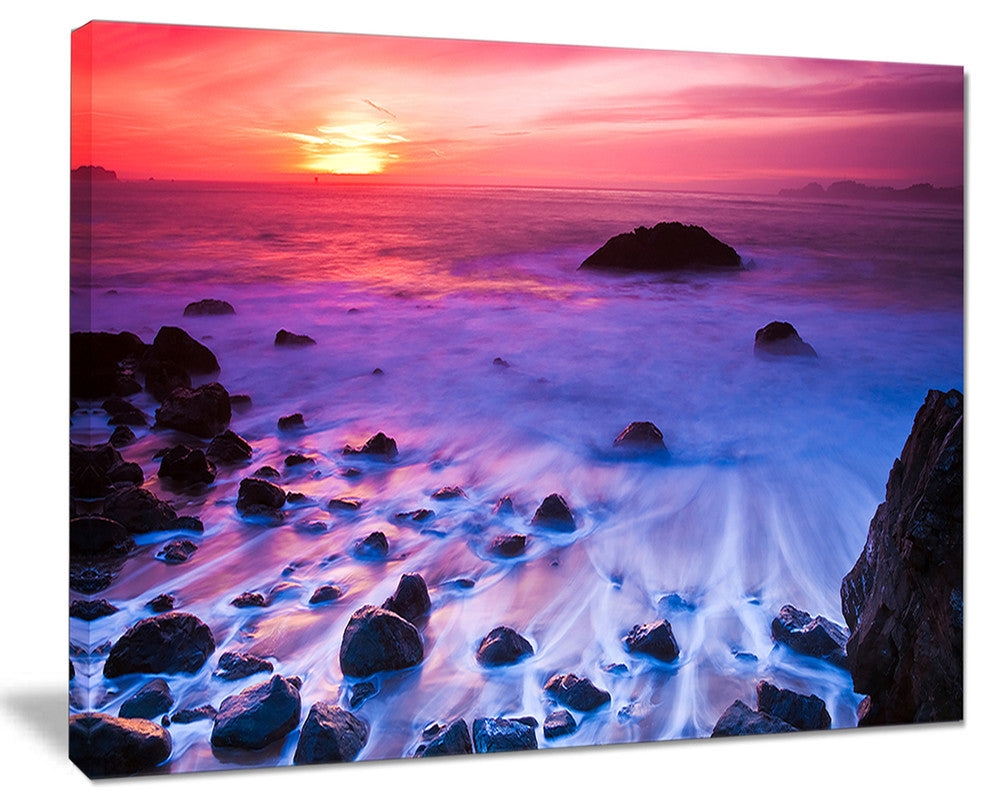 "Bluish Waters At Sunset Panorama" Modern Seashore Canvas Art, 20"x12"