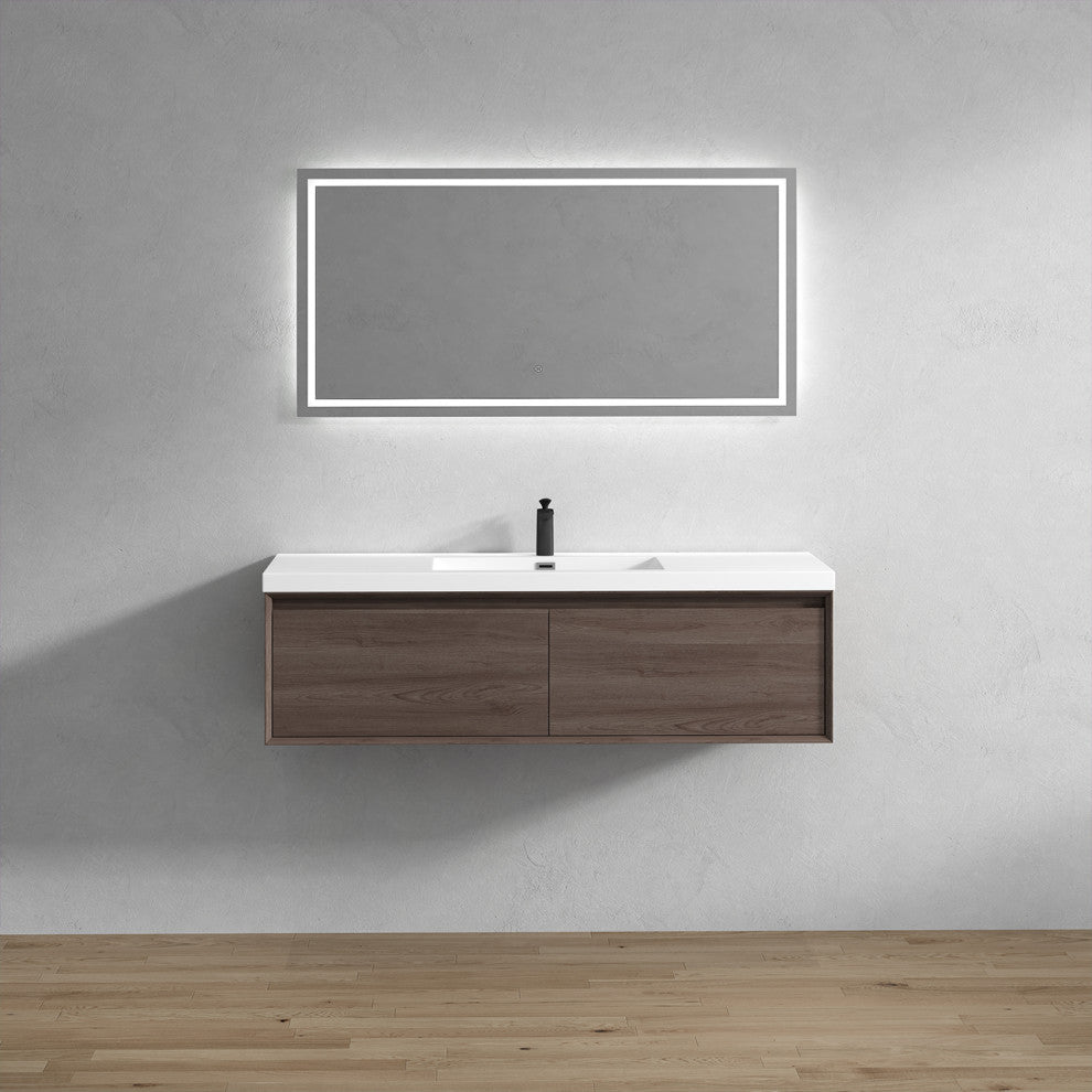 Aurora 60'' Single Sink Wall Mounted Modern Bathroom Vanity, Red Oak
