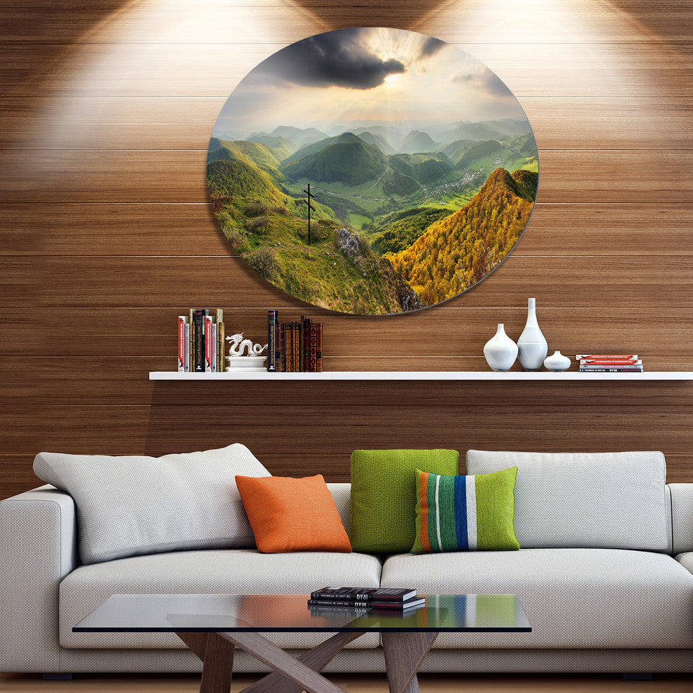 Slovakia Spring Forest Mountain, Landscape Art Round Metal Artwork, 23"