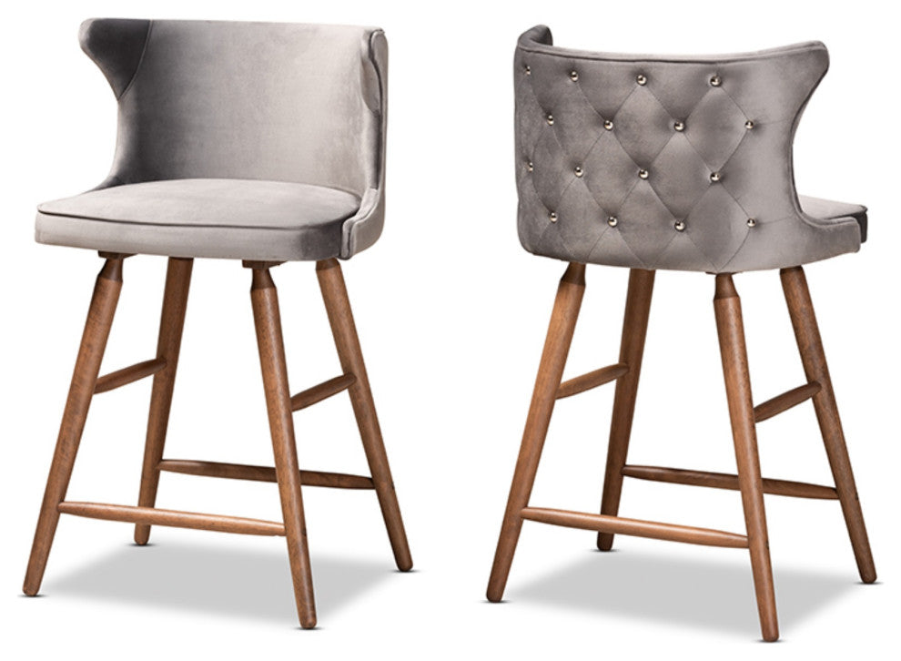 Sagira Gray Velvet Fabric Walnut Brown Finished Wood Counter Stool, Set of 2
