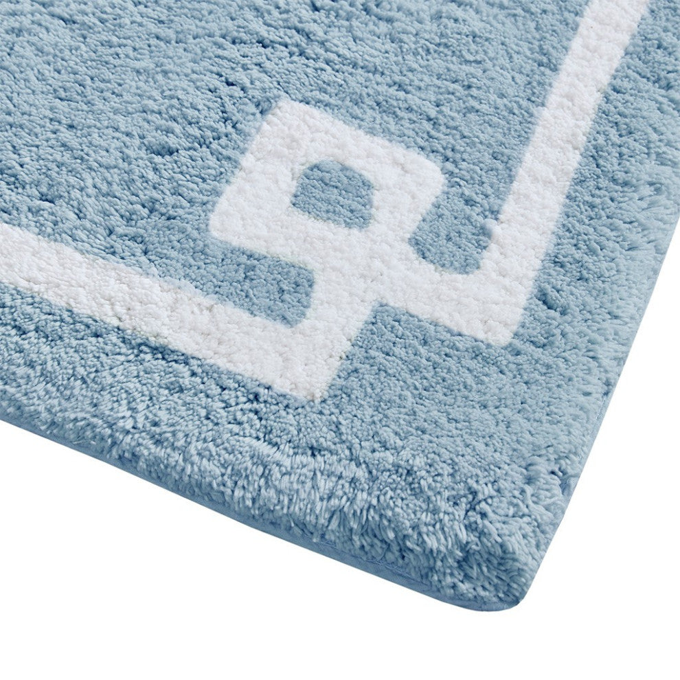 Madison Park Evan High Pile Bordered Bathroom Rug, Blue, Blue, Runner