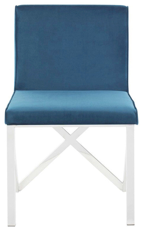 Talbot Armless Dining Chair, Armless Modern Side Chair, Blue Velour Fabric