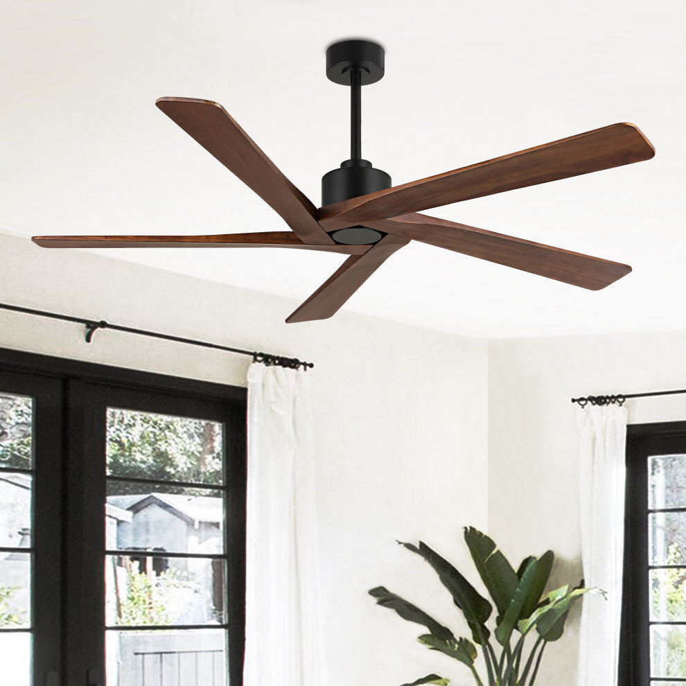 64" Reversible 5-Blade DC Ceiling Fan With Remote Control, Black/Walnut