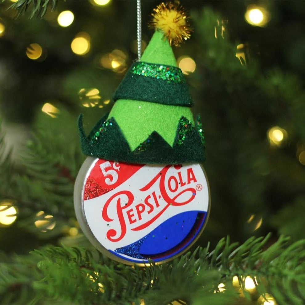 4.75" Green Jester Hat Pepsi Logo Glass Christmas Ornament