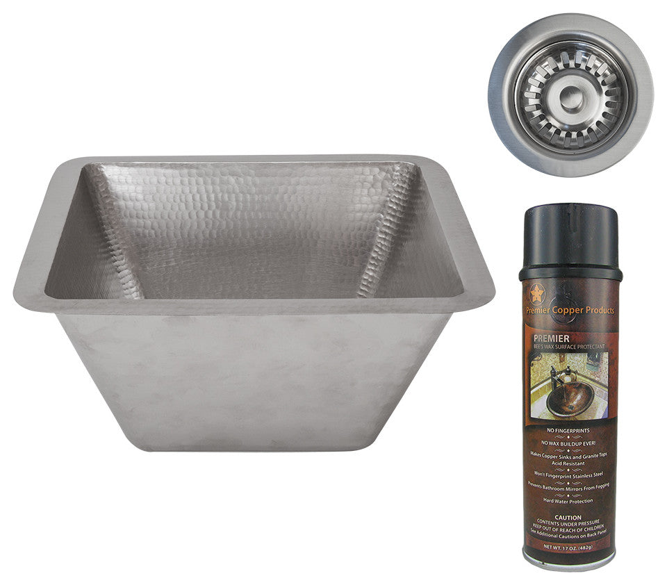 15" Square Hammered Copper Bar/Prep Sink, Nickel, 3.5" Drain Opening