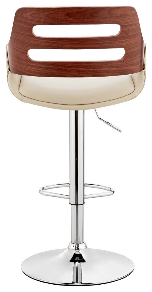 Karter Adjustable Faux Leather/Wood Barstool, Cream and Walnut With Chrome Base
