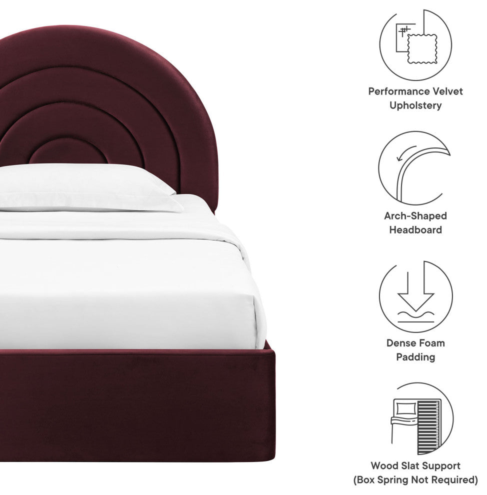 Solana Arched Performance Velvet Twin Platform Bed, Mulberry