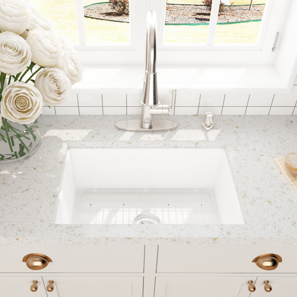 27in Undermount Single Bowl Fireclay Kitchen Sink with Grid and Drainer, Glossy White