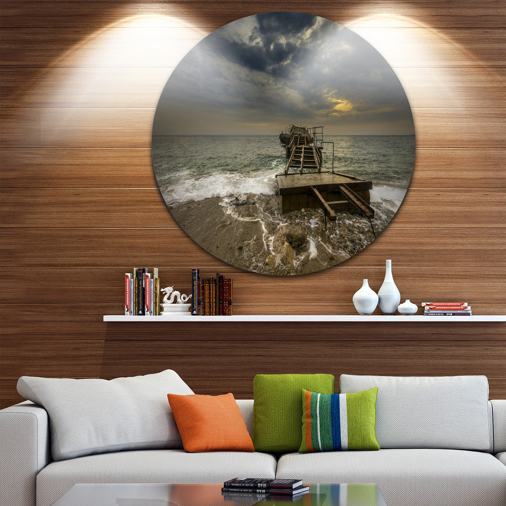 Ruined Wooden Pier For Boats At Sunset, Sea Bridge Round Wall Art, 11"