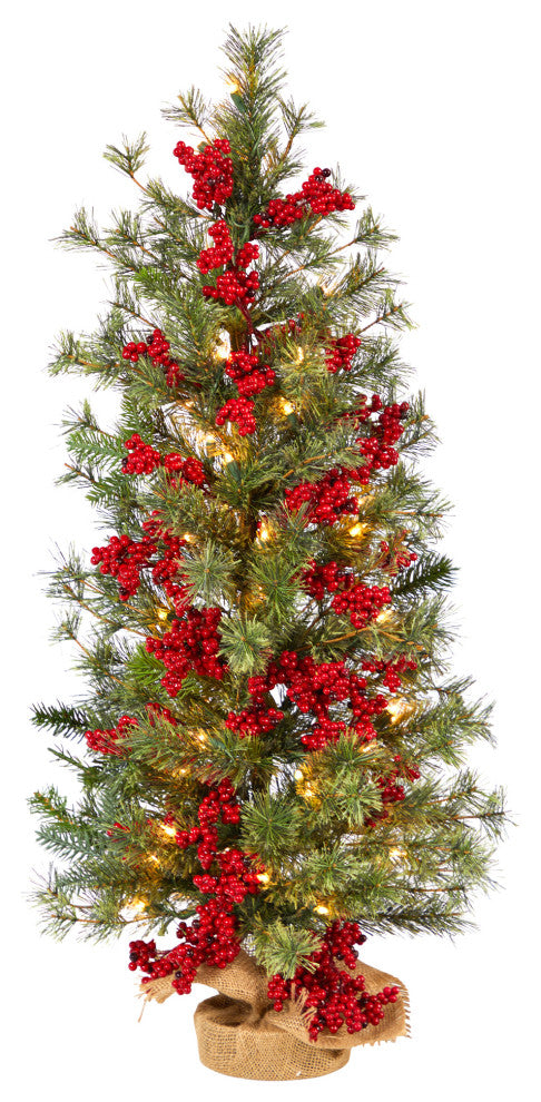 T3254 3 Berry and Pine Christmas Tree With 50 White Lights & Burlap Wrapped Base