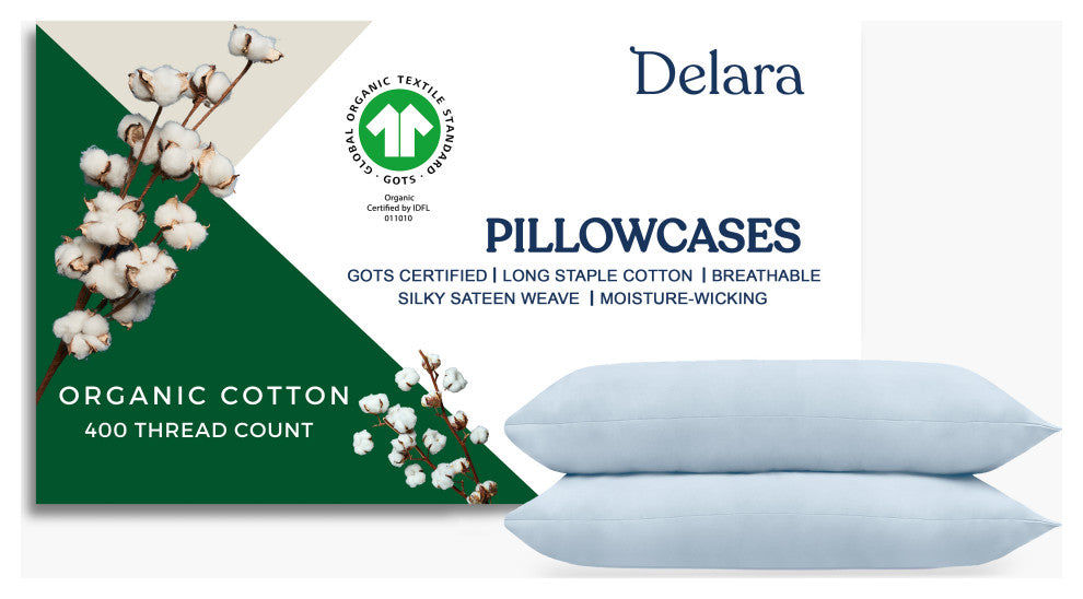 Delara GOTS 100% Organic Cotton Pillowcase Set of 2 400TC, Light Blue, King, 21"x36"