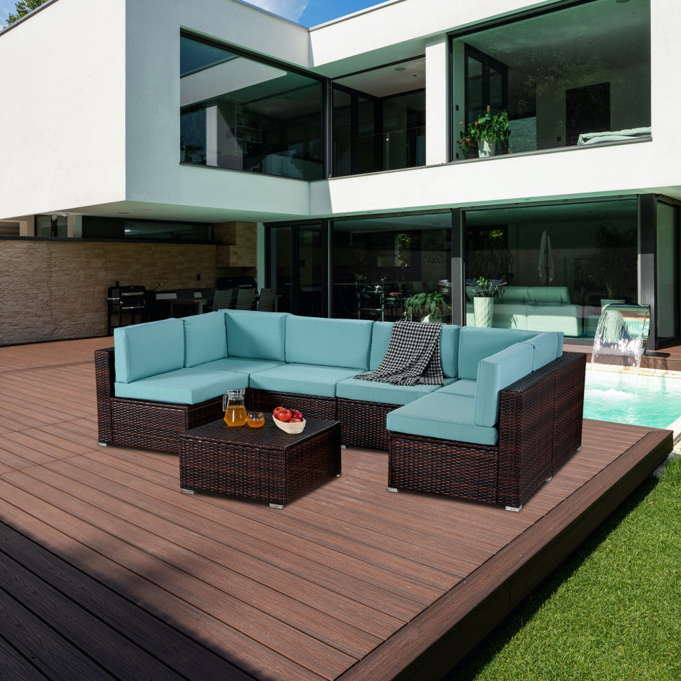 7-Piece Outdoor Wicker U-Shaped Patio Sofa Set with Table and Cushions, Teal Blue+brown
