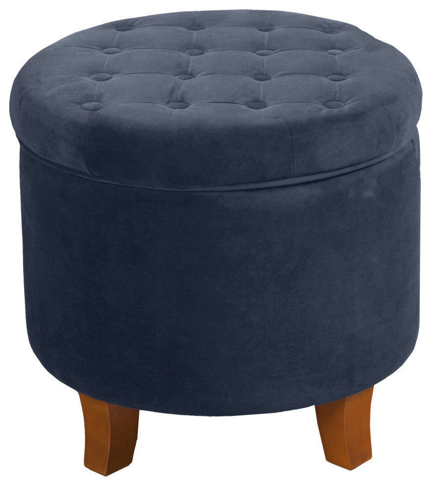 Benzara BM194928 Velvet Wooden Ottoman With Hidden Storage, Dark Blue and Brown