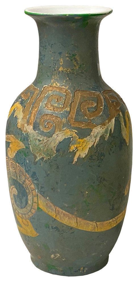 Chinese Distressed Blue Green Paint Porcelain Dragon Pattern Vase Hws2440