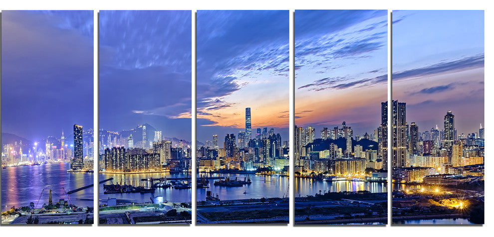 "Hong Kong City Sunset Panorama" Cityscape Artwork Canvas, 5 Panels, 60"x28"