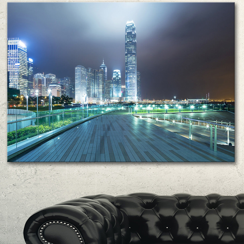 Night Pathway in Modern City, Large Cityscape Art Print on Canvas, 60"x28"