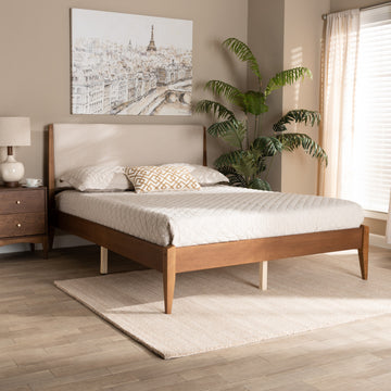 Amara Mid-Century Modern Fabric Upholstered Platform Bed, Queen, Beige
