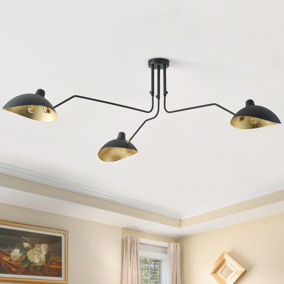 Farmhouse Matte Black 3-Light Semi Flush Mount Ceiling Light with Gold Leaf