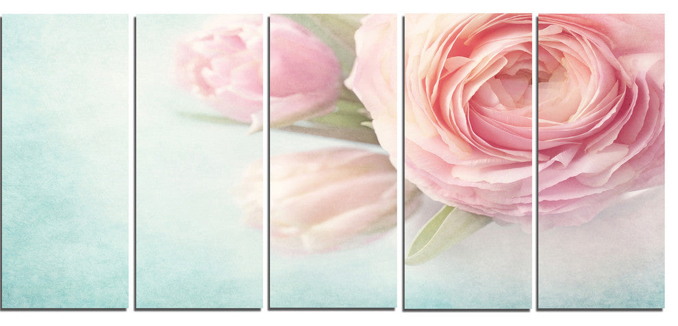 Pink Flowers against Blue Background, Floral Canvas Print, 60"x28", 5 Panels